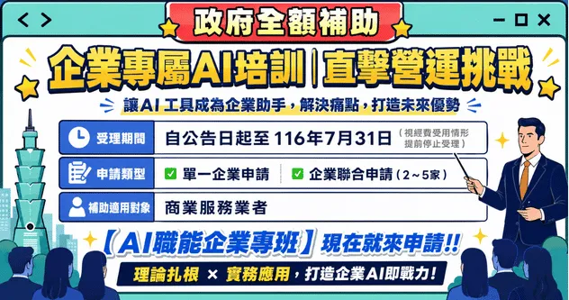 政府全額補助服務業協助企業培育內部 AI 人才，並滿足特定產業需求。申請至116年7月31日