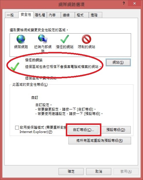 安全性頁籤中信任的網站已反白,點選自訂等級按鈕的畫面